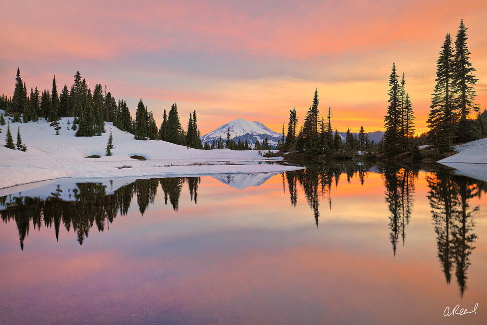 Snow-covered shores and evergreen trees surround a calm alpine lake at Tipsoo Lake, reflecting a vivid orange and pink sunset sky.