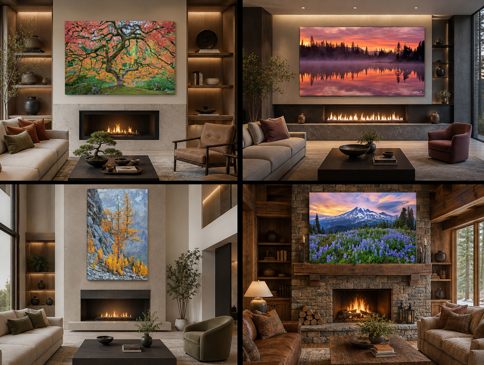 Large landscape photography wall art displayed above fireplaces in four luxury living rooms