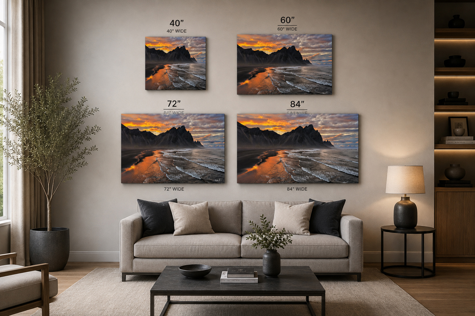 Living room wall art size guide comparing 40, 60, 72 and 84 inch landscape photography prints above a sofa